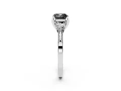 Fancy Black Cushion Cut Diamond Three-Stone Ring Set in White gold with Pavé Band and Smaller Side Stones