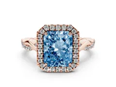 Fancy Blue Radiant Cut Diamond Halo Twist Band Solitaire Ring Set in Rose gold with Prong Setting
