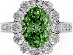 Fancy Green Oval Cut Diamond Halo Pavé Engagement Ring Set in Platinum with Milgrain Detailing