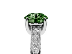 Fancy Green Round Cut Diamond Solitaire Ring Set in Silver with Milgrain-Edged Pavé Band and Prong Setting