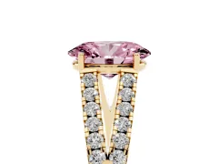 Fancy Pink Oval Cut Diamond Split Shank Pavé Engagement Ring Set in Yellow gold with Prong-Held Center Stone