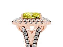 Fancy Yellow Radiant Cut Diamond Double Halo Ring Set in Rose gold with Pavé Split Shank and Prong Setting