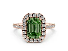 Fancy Green Emerald Cut Diamond Cushion Halo Ring Set in Rose gold with Pavé Band