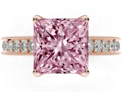 Fancy Pink Princess Cut Diamond Solitaire Ring Set in Rose gold with Milgrain-Edged Pavé Band and Prong Setting