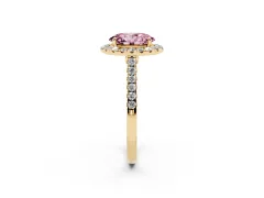 Fancy Pink Oval Cut Diamond Halo Pavé Engagement Ring Set in Yellow gold with Prong Setting