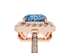 Fancy Blue Radiant Cut Diamond Halo Ring Set in Rose gold with Accent-Lined Split Shank and Prong Setting