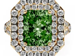 Fancy Green Radiant Cut Diamond Double Halo Ring Set in Yellow gold with Pavé Split Shank and Prong Setting