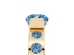 Fancy Blue Cushion Cut Diamond Channel-Set Band Ring Set in Yellow gold with Bezel Prong Setting