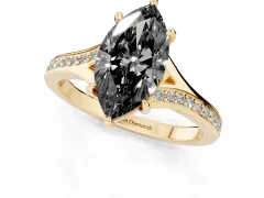 Fancy Black Marquise Cut Diamond Solitaire Ring Set in Yellow gold with Pavé Accent Band and Classic Prong Setting