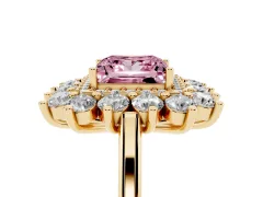 Fancy Pink Princess Cut Diamond Floral Double Halo Ring Set in Yellow gold with Round Petals