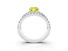 Fancy Yellow Cushion Cut Diamond Split Shank Pavé Solitaire Ring Set in White gold with Open Shank Design