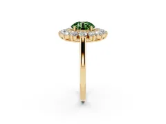 Fancy Green Round Cut Diamond Floral Double Halo Ring Set in Yellow gold with Round Petals