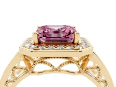 Fancy Pink Asscher Cut Diamond Halo Ring Set in Yellow gold with Pavé and Bezel Accent Split Shank