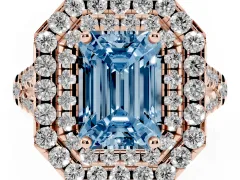 Fancy Blue Emerald Cut Diamond Double Halo Ring Set in Rose gold with Pavé Split Shank and Prong Setting