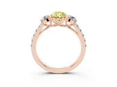 Fancy Yellow Pear Cut Diamond Three-Stone Ring Set in Rose gold with Round Side Stones and Delicate Pavé Band