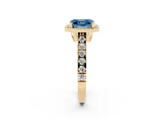 Fancy Blue Asscher Cut Diamond Halo Engagement Ring Set in Yellow gold with Pavé Band and Prong-Set Center