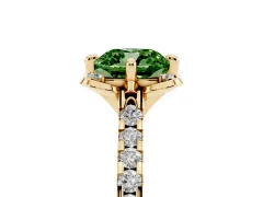 Fancy Green Cushion Cut Diamond Solitaire Ring Set in Yellow gold with Pavé Band and Floral Prong Setting