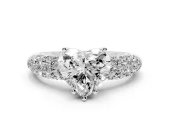 Heart Cut Diamond Pavé Band Solitaire Ring Set in Platinum with Close-Set Accent Stones and Prong Setting