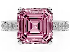 Fancy Pink Asscher Cut Diamond Solitaire Ring Set in Platinum with Milgrain-Edged Pavé Band and Prong Setting