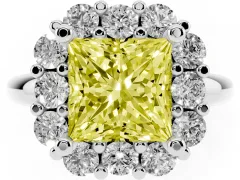 Fancy Yellow Princess Cut Diamond Halo Cluster Engagement Ring Set in Silver with Polished Band and Prong Setting