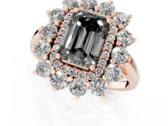 Fancy Black Emerald Cut Diamond Floral Double Halo Ring Set in Rose gold with Round Petals