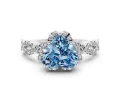 Fancy Blue Heart Cut Diamond Halo Twist Band Solitaire Ring Set in Platinum with Prong-Set Center Stone