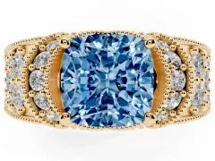Fancy Blue Cushion Cut Diamond Milgrain Halo Pavé Engagement Ring Set in Yellow gold with Prong Setting