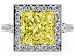 Fancy Yellow Princess Cut Diamond Halo Engagement Ring Set in White gold with Accent Split Shank Band