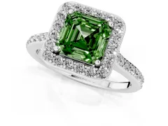 Fancy Green Asscher Cut Diamond Halo Engagement Ring Set in Silver with Round Pavé Shoulders and Heart Gallery
