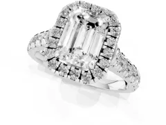 Emerald Cut Diamond Halo Engagement Ring Set in Platinum with Pavé Band and Prong-Set Center