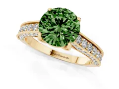 Fancy Green Round Cut Diamond Solitaire Ring Set in Yellow gold with Milgrain-Edged Pavé Band and Prong Setting