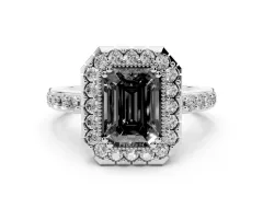 Fancy Black Emerald Cut Diamond Halo Ring Set in Platinum with Pavé Shank and Prong Setting