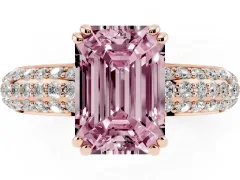 Fancy Pink Emerald Cut Diamond Solitaire Ring Set in Rose gold with Multi-Row Round Pavé Band and Prong Setting