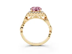 Fancy Pink Round Cut Diamond Halo Engagement Ring Set in Yellow gold with Vintage-Inspired Band and Prong Setting