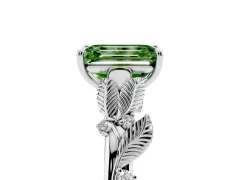 Fancy Green Emerald Cut Diamond Solitaire Ring Set in Silver with Leaf Motif Band