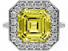 Fancy Yellow Asscher Cut Diamond Halo Ring Set in White gold with Accent-Lined Split Shank and Prong Setting