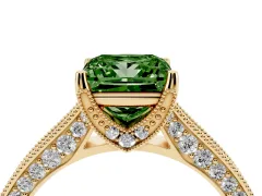 Fancy Green Princess Cut Diamond Solitaire Ring Set in Yellow gold with Milgrain-Edged Pavé Band and Prong Setting