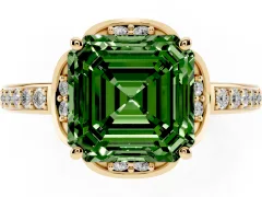 Fancy Green Asscher Cut Diamond Halo Ring Set in Yellow gold with Channel Set Band and Prong Setting