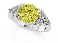 Fancy Yellow Round Cut Diamond Solitaire Ring Set in Platinum with Cluster Accents on Each Side