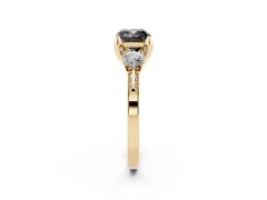 Fancy Black Cushion Cut Diamond Three-Stone Ring Set in Yellow gold with Pavé Band and Smaller Side Stones