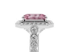 Fancy Pink Emerald Cut Diamond Milgrain Halo Solitaire Ring Set in White gold with Bezel Set Side Stones and Pavé Band