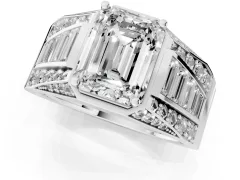 Emerald Cut Diamond Mens Ring Set in Silver with Baguette and Round Side Stones