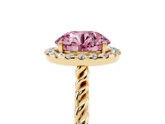 Fancy Pink Round Cut Diamond Halo Ring Set in Yellow gold with Plain Twisted Band