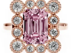 Fancy Pink Emerald Cut Diamond Cluster Halo Ring Set in Rose gold with Milgrain Bezel Accents and Plain Band