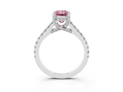 Fancy Pink Radiant Cut Diamond Solitaire Ring Set in Platinum with Brilliant Pavé Band and Prong Setting