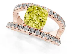 Fancy Yellow Cushion Cut Diamond Split Shank Pavé Solitaire Ring Set in Rose gold with Open Shank Design