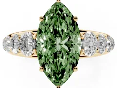 Fancy Green Marquise Cut Diamond Solitaire Ring Set in Yellow gold with Pavé-Set Band and Prong Setting