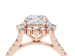 Cushion Cut Diamond Halo Ring Set in Rose gold with Pavé Band and Prong Setting