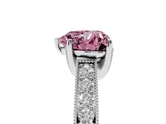 Fancy Pink Heart Cut Diamond Solitaire Ring Set in Silver with Milgrain-Edged Pavé Band and Prong Setting