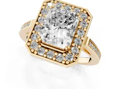 Radiant Cut Diamond Halo Ring Set in Yellow gold with Accent-Lined Split Shank and Prong Setting